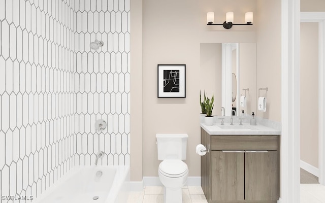 full bathroom with tile patterned flooring, vanity, tiled shower / bath combo, and toilet