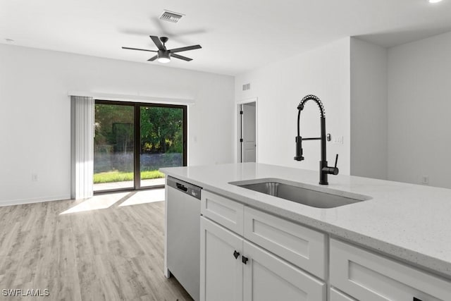 kitchen with a sink, visible vents, white cabinets, stainless steel dishwasher, and light wood finished floors