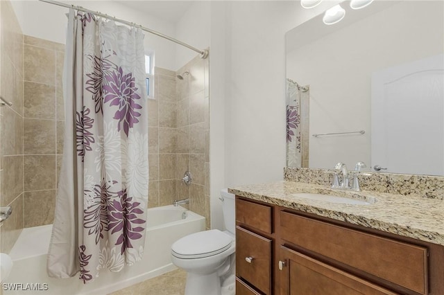 full bathroom featuring tile patterned floors, vanity, shower / bathtub combination with curtain, and toilet