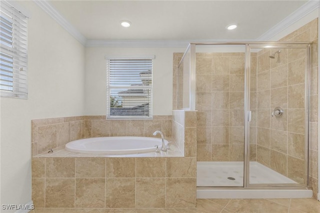 bathroom with tile patterned floors, separate shower and tub, and ornamental molding