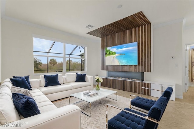 tiled living room with crown molding