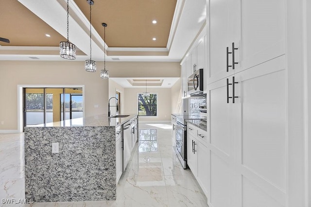 kitchen featuring appliances with stainless steel finishes, a tray ceiling, white cabinetry, and plenty of natural light