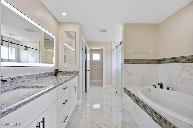 bathroom with vanity and plus walk in shower