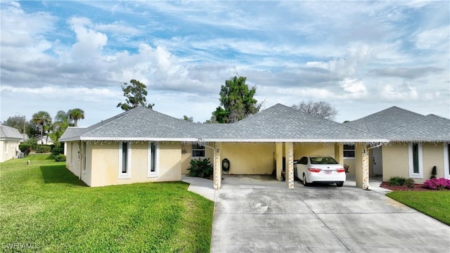 single story home featuring a front yard and a carport