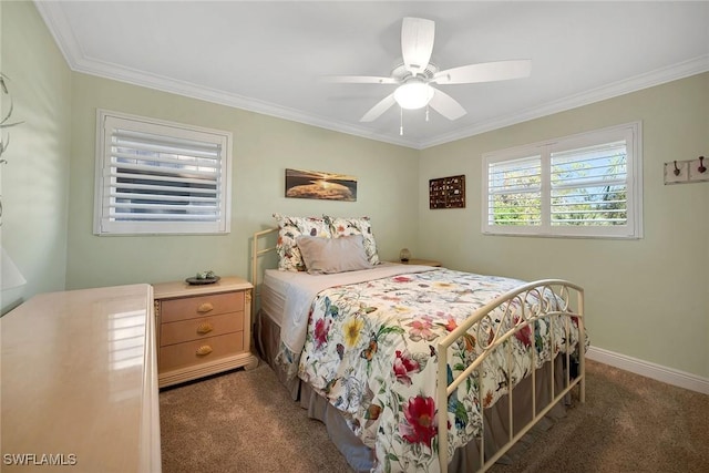 bedroom featuring ceiling fan, crown molding, and dark carpet