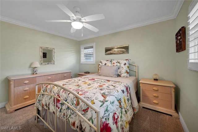 bedroom with ceiling fan, carpet, and ornamental molding