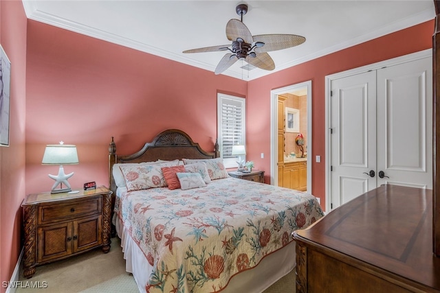 bedroom with ceiling fan, light colored carpet, ornamental molding, and a closet