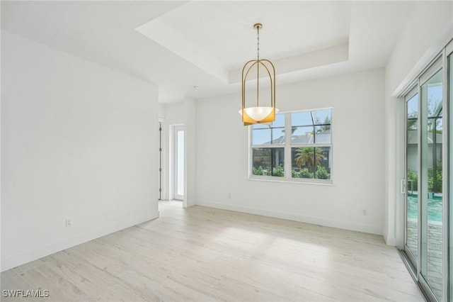 unfurnished dining area featuring a raised ceiling and light hardwood / wood-style flooring