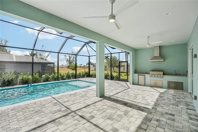 view of swimming pool featuring glass enclosure, ceiling fan, a patio area, grilling area, and area for grilling