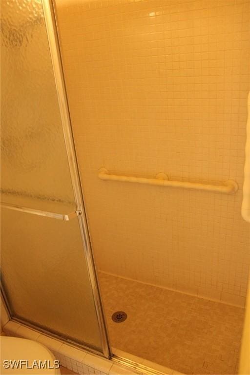 bathroom featuring toilet and a shower with shower door