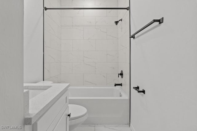 full bathroom featuring marble finish floor, toilet, vanity, shower / tub combination, and baseboards