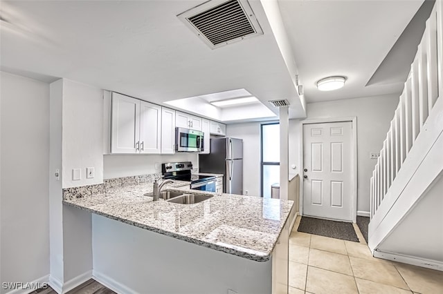 kitchen with white cabinets, stainless steel appliances, kitchen peninsula, and sink