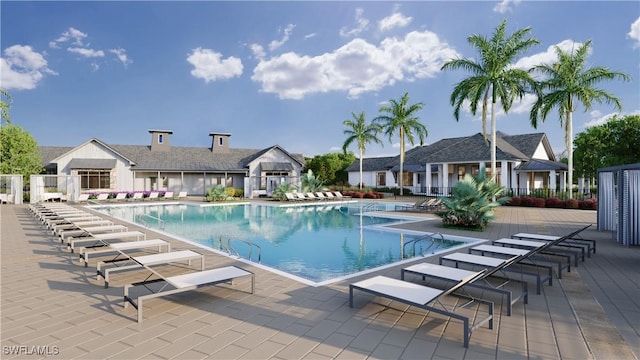 view of swimming pool featuring a patio area