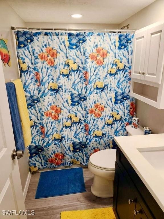 bathroom featuring a shower with curtain, hardwood / wood-style floors, vanity, and toilet