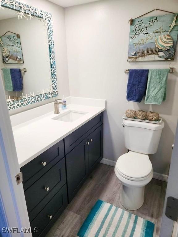 bathroom with vanity, toilet, and wood-type flooring