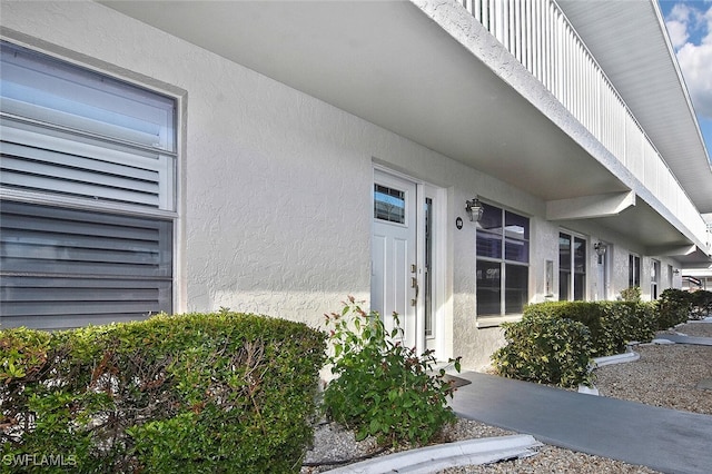 view of exterior entry with stucco siding