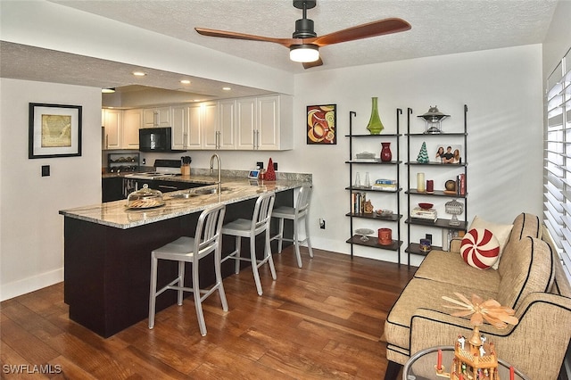 kitchen featuring white cabinets, dark wood-style flooring, light stone countertops, and black microwave