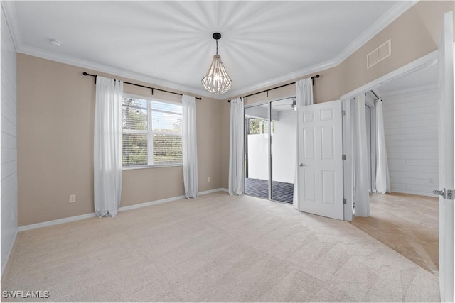 unfurnished bedroom with ornamental molding, light colored carpet, access to exterior, and an inviting chandelier