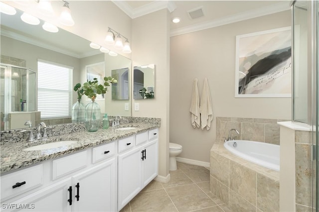 full bathroom featuring tile patterned flooring, crown molding, vanity, and toilet