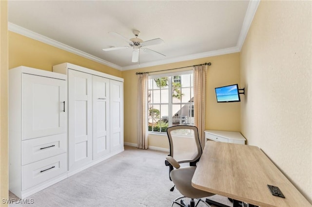 office with ceiling fan, light colored carpet, and ornamental molding