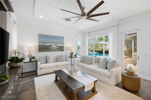 living room featuring wooden ceiling, ceiling fan, and dark wood-type flooring