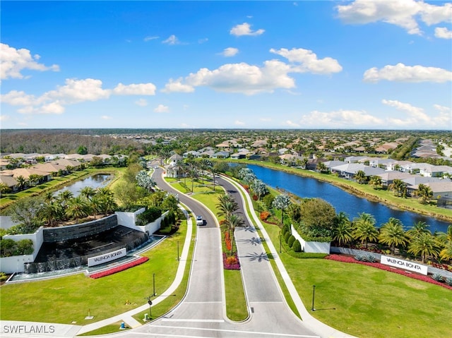 aerial view featuring a water view