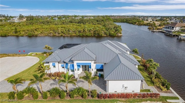 birds eye view of property featuring a water view