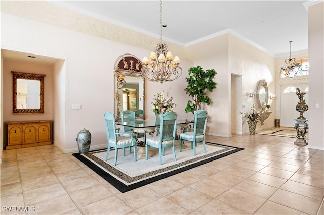 dining space featuring light tile patterned floors, a notable chandelier, and ornamental molding