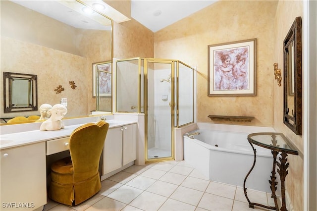 bathroom with shower with separate bathtub, vanity, tile patterned floors, and lofted ceiling