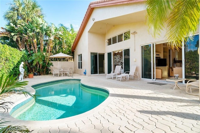 back of property featuring a patio and a fenced in pool