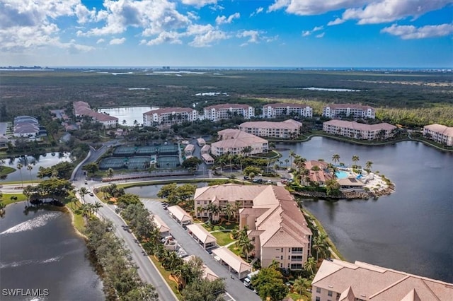 aerial view featuring a water view