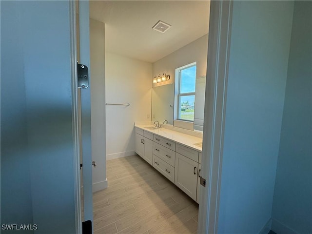 bathroom featuring hardwood / wood-style flooring and vanity