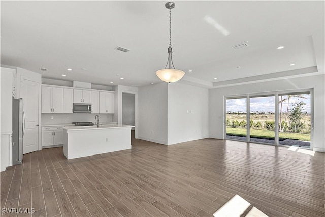 44488 Little Blue Heron Way, Punta Gorda, FL 33982 - kitchen with appliances with stainless steel finishes, open floor plan, a tray ceiling, recessed lighting, and light countertops