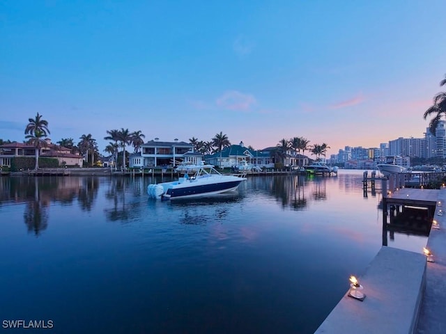 property view of water with a dock