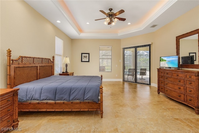 bedroom featuring access to outside, crown molding, ceiling fan, and a tray ceiling