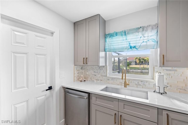 kitchen featuring backsplash, gray cabinetry, sink, and stainless steel dishwasher