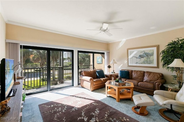 living room with light carpet and crown molding