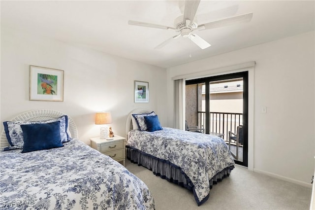 bedroom featuring light carpet, access to outside, and ceiling fan