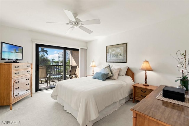 bedroom featuring access to outside, ceiling fan, and light carpet