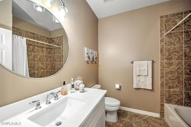 full bathroom with shower / bath combo with shower curtain, tile patterned flooring, vanity, and toilet