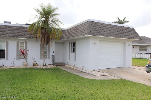 single story home with a garage and a front lawn