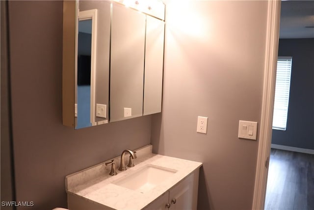 bathroom with hardwood / wood-style floors and vanity