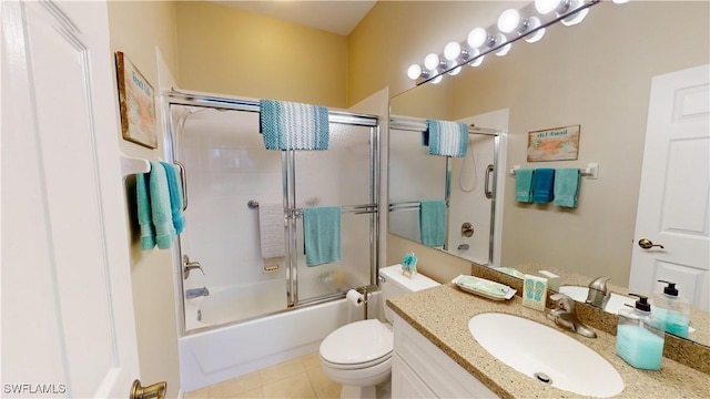 full bathroom featuring tile patterned flooring, vanity, enclosed tub / shower combo, and toilet