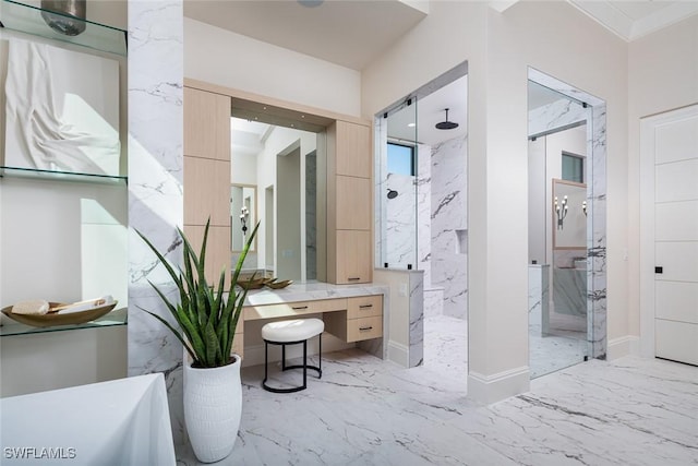 bathroom with vanity and walk in shower