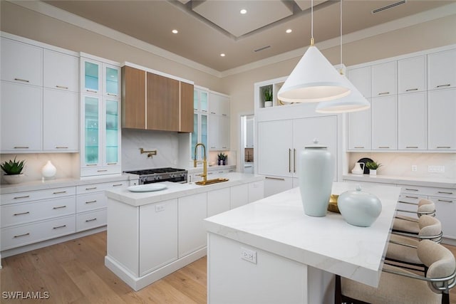 kitchen featuring backsplash, white cabinetry, an island with sink, and hanging light fixtures