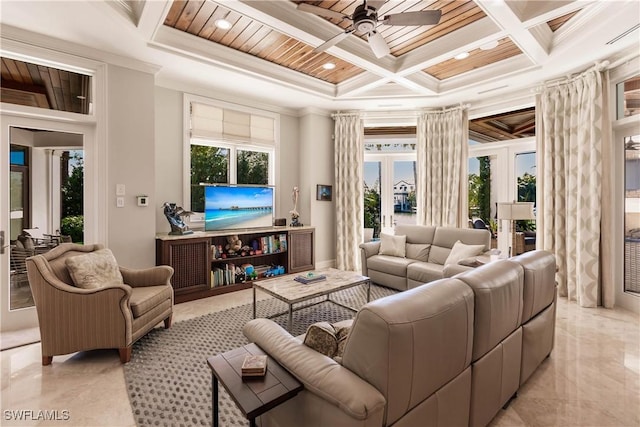 living room with ornamental molding, coffered ceiling, a wealth of natural light, and wooden ceiling