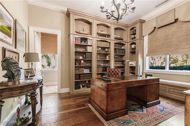 office with crown molding, dark hardwood / wood-style floors, and an inviting chandelier