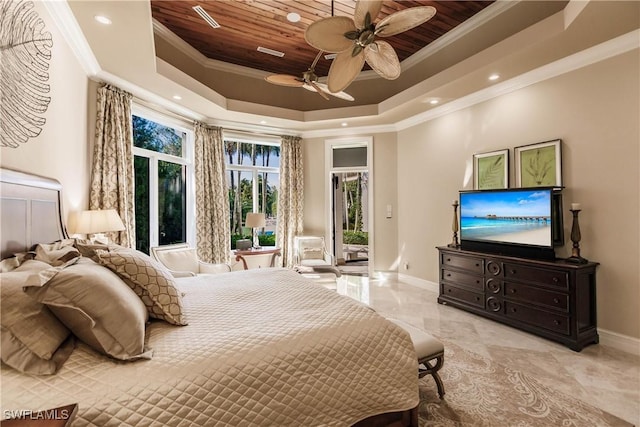 bedroom featuring wood ceiling, access to outside, ornamental molding, a tray ceiling, and ceiling fan