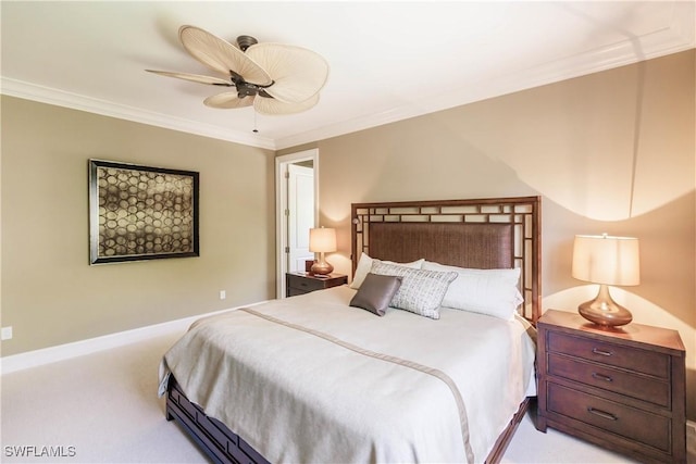 bedroom with light carpet, ornamental molding, and ceiling fan