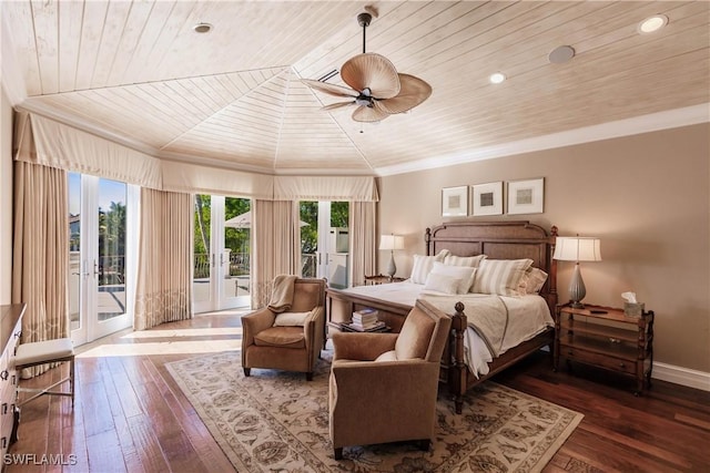 bedroom with french doors, ornamental molding, wood ceiling, and access to outside